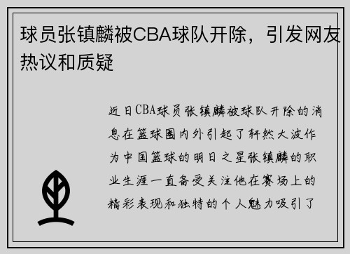 球员张镇麟被CBA球队开除，引发网友热议和质疑